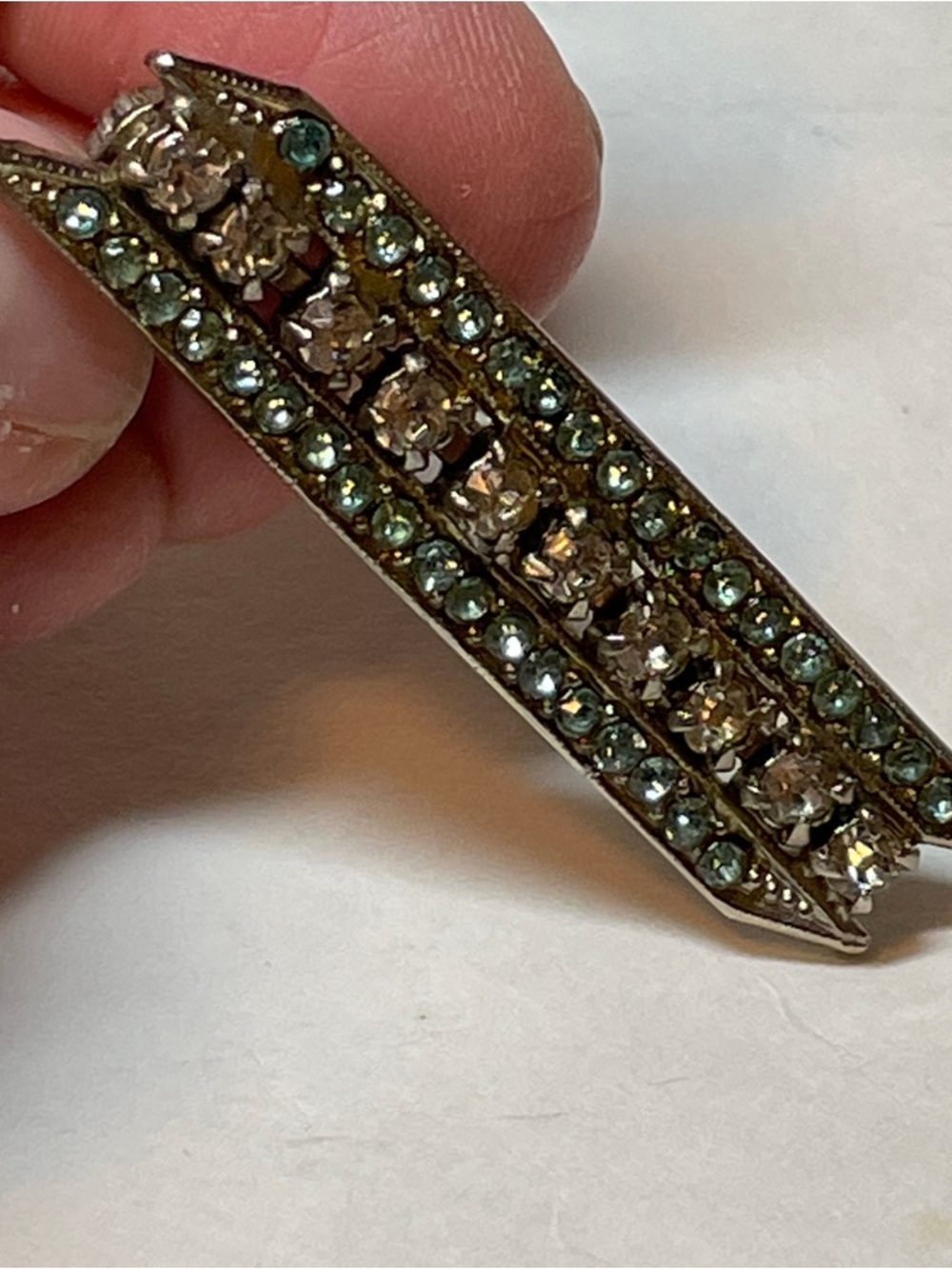 Vintage Light Brown Baguette Blue Green Rhinestone Bar Silver Tone Pin Brooch
